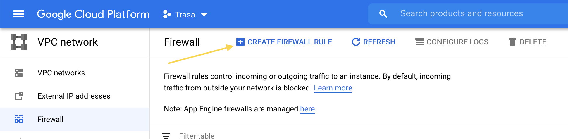 Create Firewall Rule Button