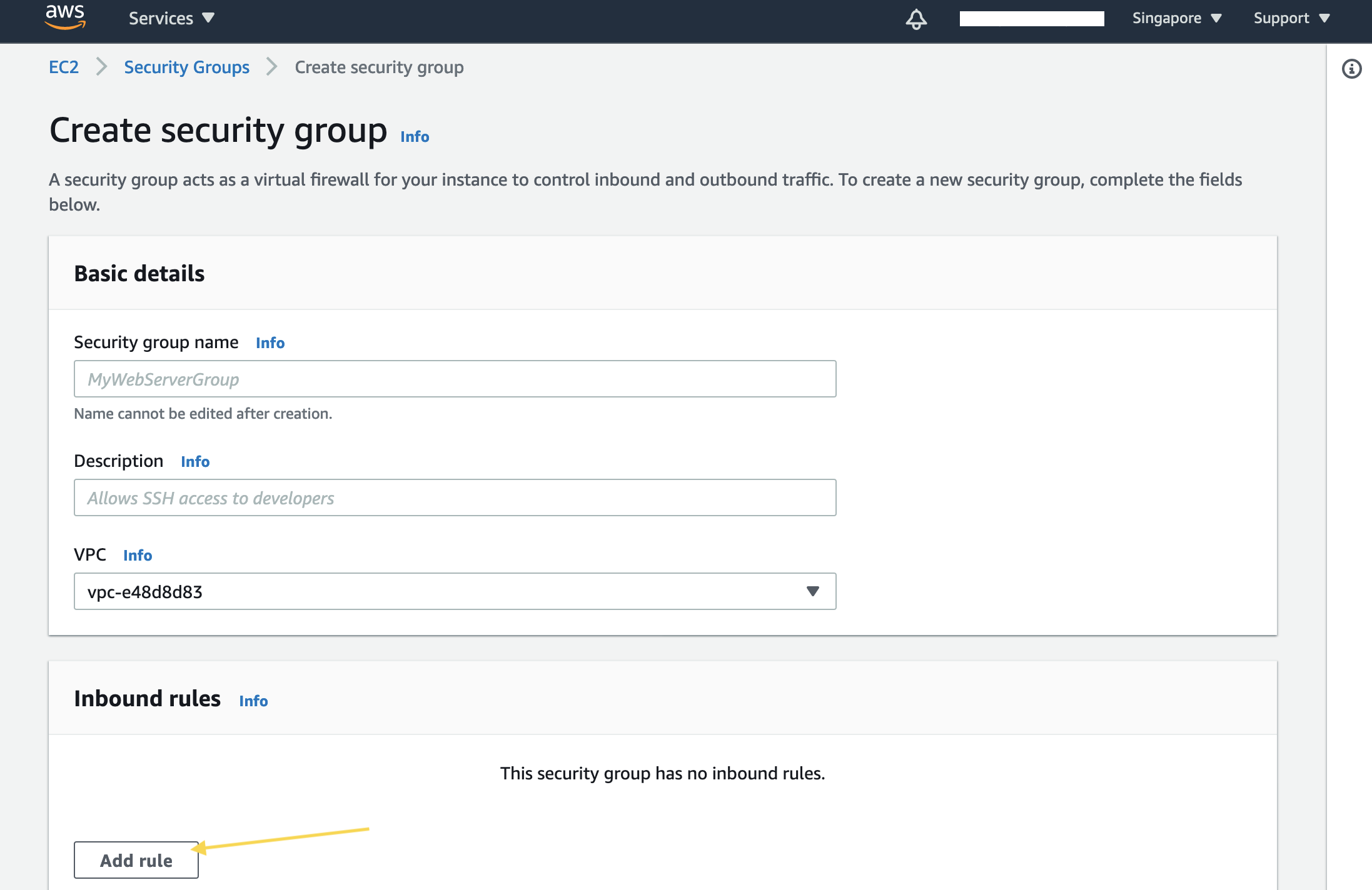 Create Inbound Rule Button
