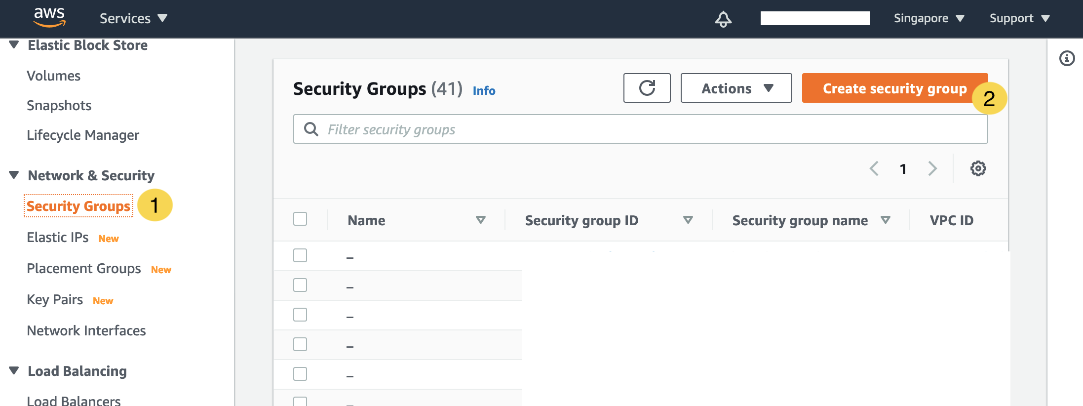Create Security Group Button