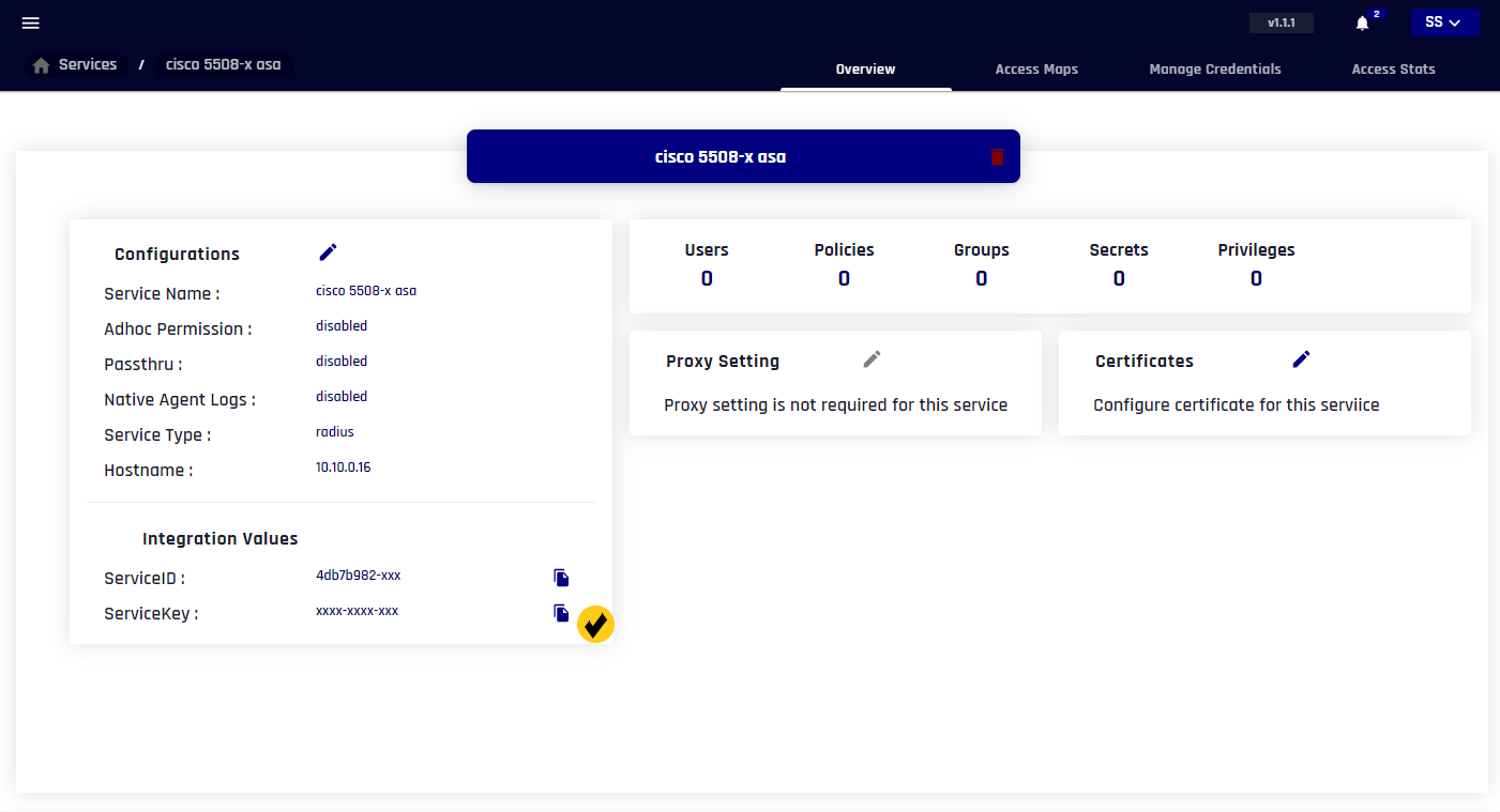 copy radius service ServiceKey